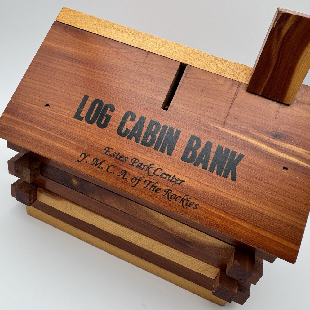 Estes Park Colorado Log Cabin Coin Bank YMCA of the Rockies ~ Wood Vtg Folk Art